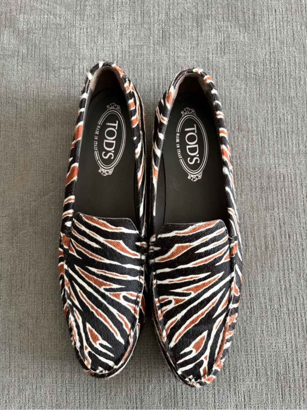 NWOT- Tod's Zebra-Pattern Pony Hair Loafers in Black, White & Brown